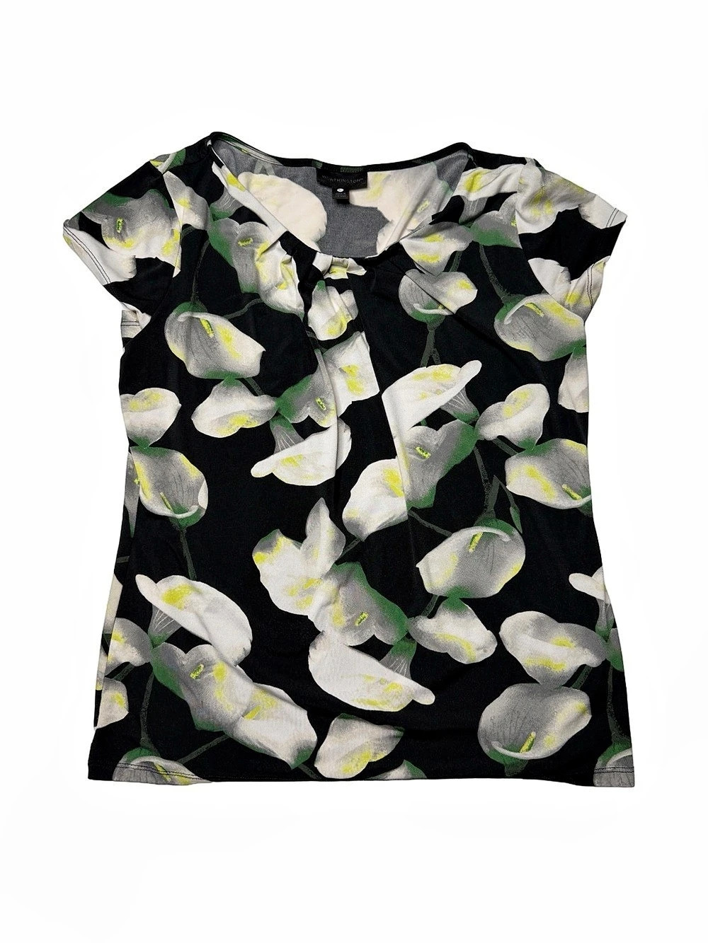 Worthington Floral Short Sleeve Blouse in Black & Gray Size PL Like New